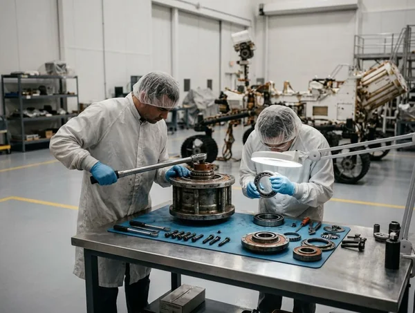 Technicians tearing down a Carriage Class hub assembly in the ISO 8 cleanroom
