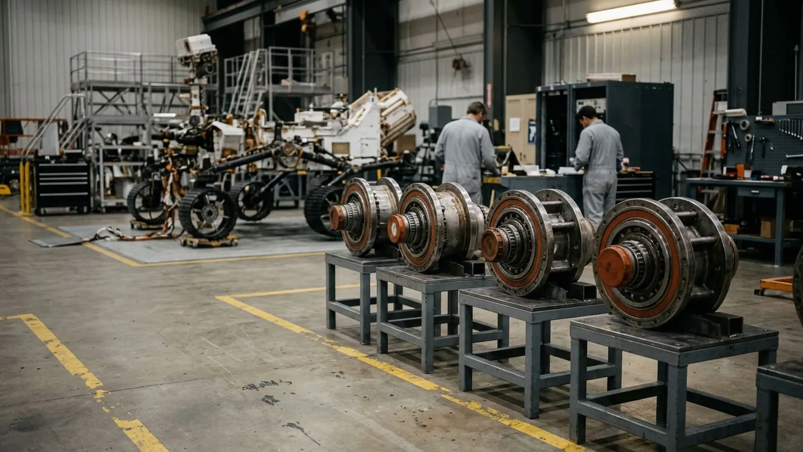 Requalified hub assemblies staged on the integration floor at Tharsis Yard